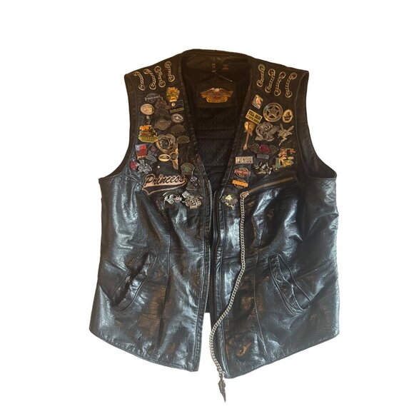 Harley Davidson Women Leather Vest Medium pins and Patches